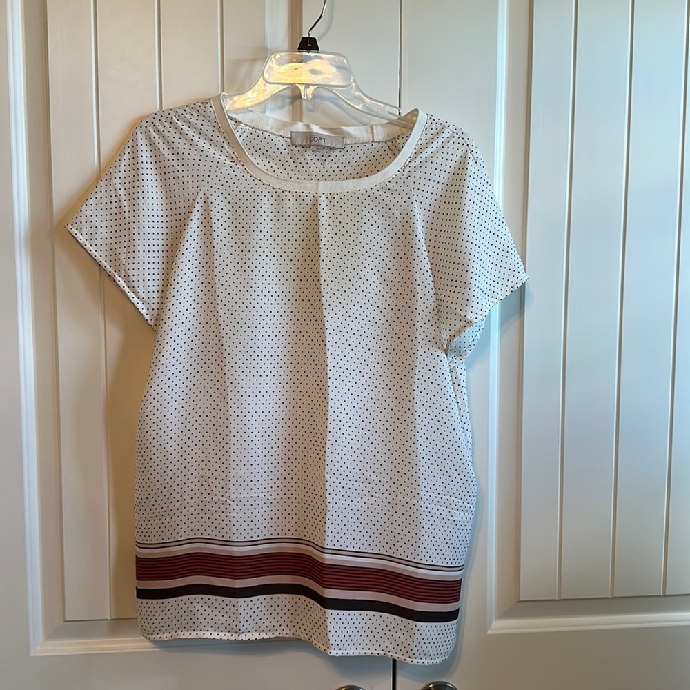 LOFT white and black polka dotted blouse with stripes on the bottom